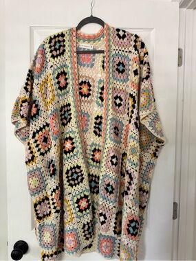 By Together Crochet Patchwork Open Cardigan - Cream with Pastel Accents